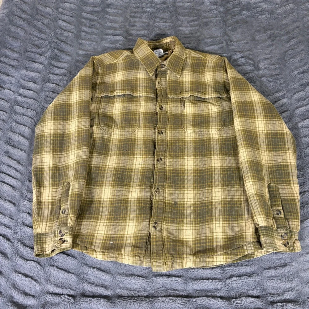 Columbia Mens AM7468 Quilted Lined Flannel Shirt Jacket Olive Green Plaid Size M